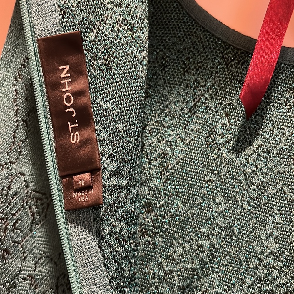 St. John Size 10 teal, black and metallic Knit Sheath Dress